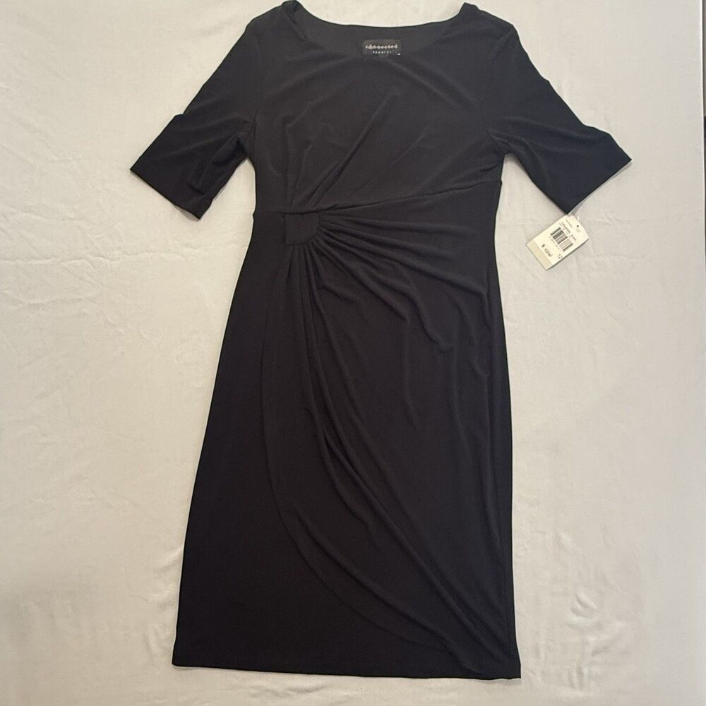 Connected Apparel Elbow-Sleeve Faux Wrap Dress Women's Size 12 Black NWT